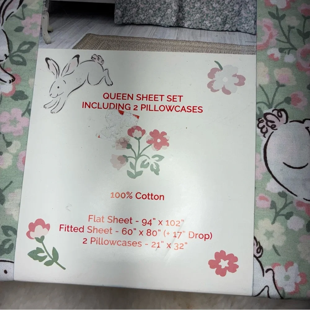 Cath Kidston Jumping Bunnies green Queen 4 piece Sheet Set bunny rabbit cotton - Picture 4 of 6